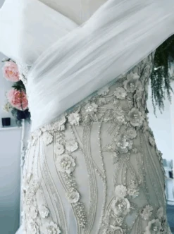 Champagne Beaded Flower Lace - Blake -Bridal Fabric Shop 3dchampagnelaceblake1