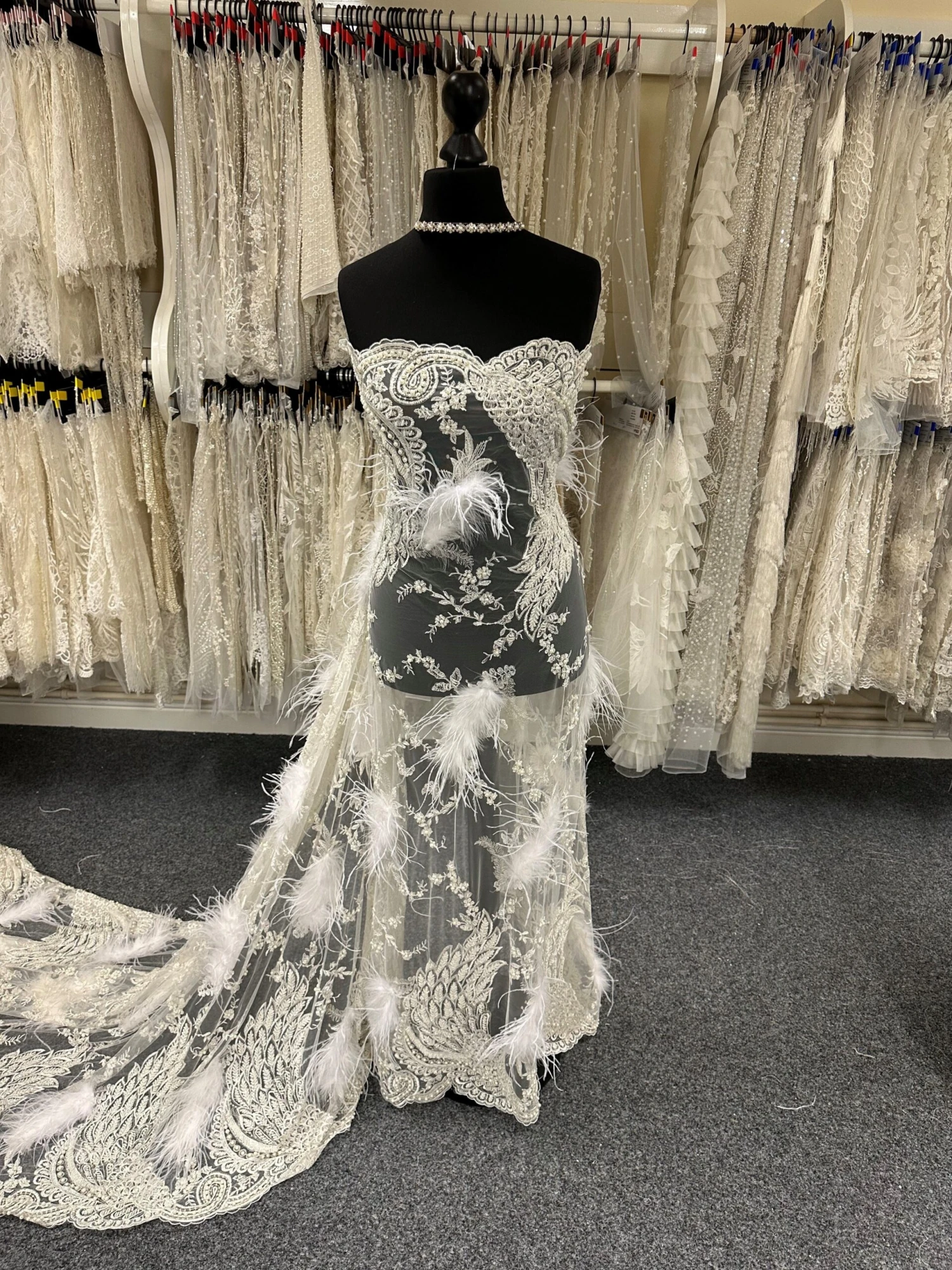 Ivory Beaded With White Feathers Lace - Chantelle 1 Ivory Beaded With White Feathers Lace - Chantelle