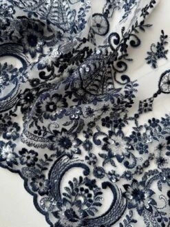 Navy Sequin Lace - Ruby -Bridal Fabric Shop NavySequinLace Ruby closeup