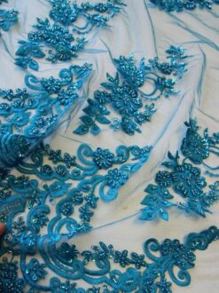 Turquoise Beaded Lace - Pilar -Bridal Fabric Shop TurquoiseBeadedEmbroideryLace Pilarcloseup