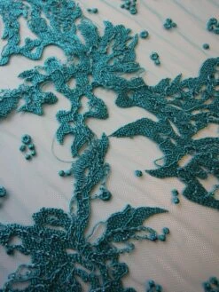 Aqua Embroidery Lace - Zelie -Bridal Fabric Shop aqua embroidered lace zelie close up
