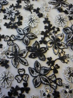 Black & Silver Embroidered Lace - Ernestine -Bridal Fabric Shop black and silver lace ernestine close up