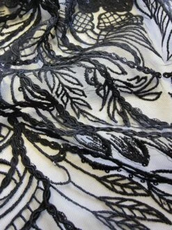 Black Embroidered Lace - Immaculata -Bridal Fabric Shop black corded sequinned lace immaculata close up