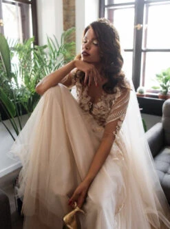 Champagne Beaded Flower Lace - Blake -Bridal Fabric Shop blakechdress4