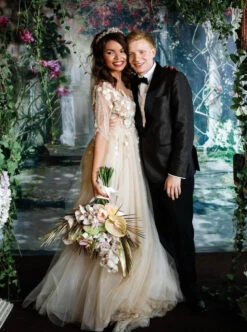 Champagne Beaded Flower Lace - Blake -Bridal Fabric Shop blakechdress5