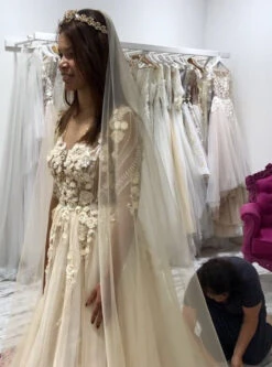 Champagne Beaded Flower Lace - Blake -Bridal Fabric Shop blakechdress9