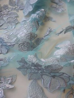 Blue Embroidery Lace - Garbo -Bridal Fabric Shop blue embroidered lace garbo close up 2