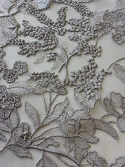 Pewter Grey Embroidery Lace - Garbo -Bridal Fabric Shop pewter lace garbo close up
